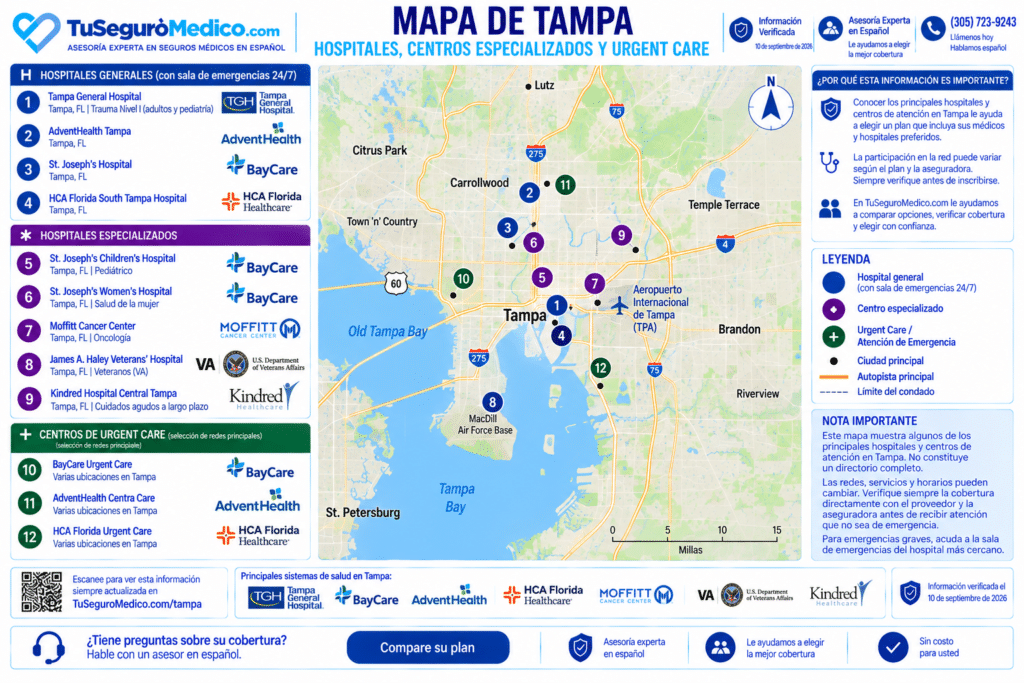 Mapa de Hospitales en Tampa | TuSeguroMédicocom Mapa de hospitales y centros de salud en Tampa Florida con Tampa General Hospital BayCare AdventHealth Tampa HCA Florida South Tampa Hospital Moffitt Cancer Center St Josephs Childrens Hospital St Josephs Womens Hospital y otros centros especializados y de urgent care