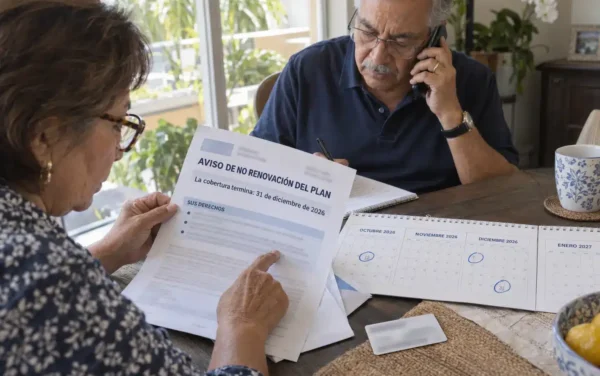 Pareja hispana revisa una carta de no renovación de su plan Medicare Advantage, las fechas importantes de 2026 y sus derechos para elegir cobertura en 2027.