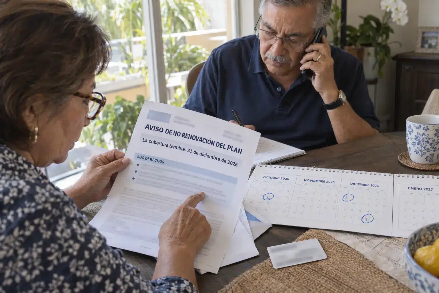 Planes Medicare Advantage que no se renuevan en 2027 | TuSeguroMédicocom Pareja hispana revisa una carta de no renovación de su plan Medicare Advantage las fechas importantes de 2026 y sus derechos para elegir cobertura en 2027
