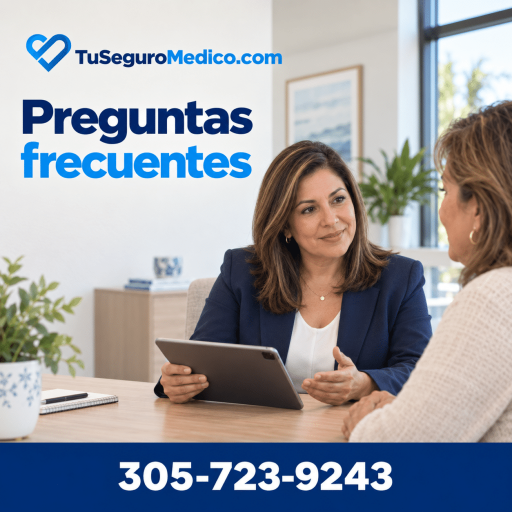 Asesora de TuSeguroMedicocom responde las preguntas de una clienta sobre seguros médicos Imagen con el título Preguntas frecuentes y el teléfono 305 723 9243