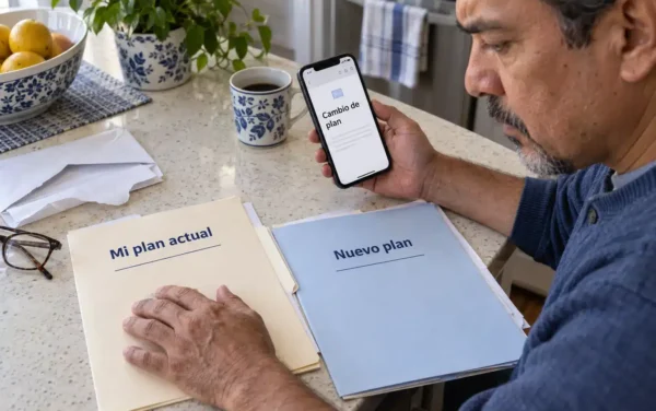 Hombre revisa una notificación de cambio de plan en su teléfono y compara documentos de cobertura, ilustrando un cambio de seguro médico sin autorización.