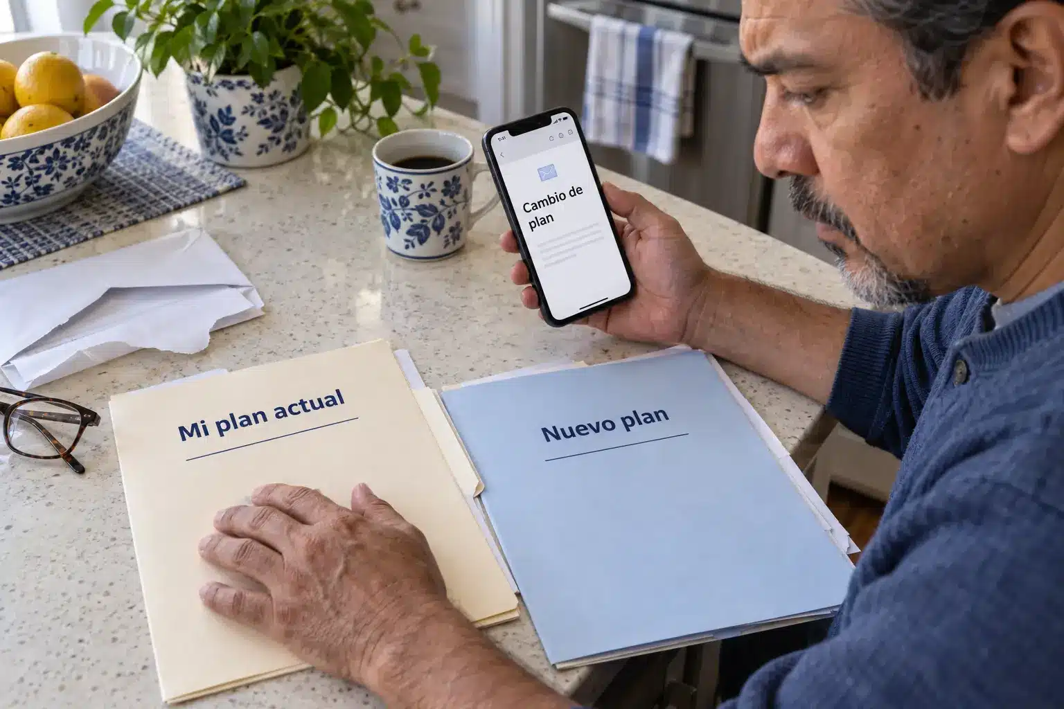 Cambios plan sin permiso en el mercado de seguros | TuSeguroMédicocom Hombre revisa una notificación de cambio de plan en su teléfono y compara documentos de cobertura ilustrando un cambio de seguro médico sin autorización