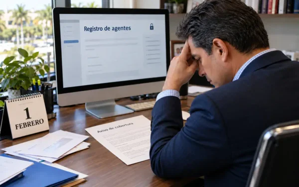 Agente de seguros revisa un aviso de cobertura junto a un calendario del 1 de febrero.