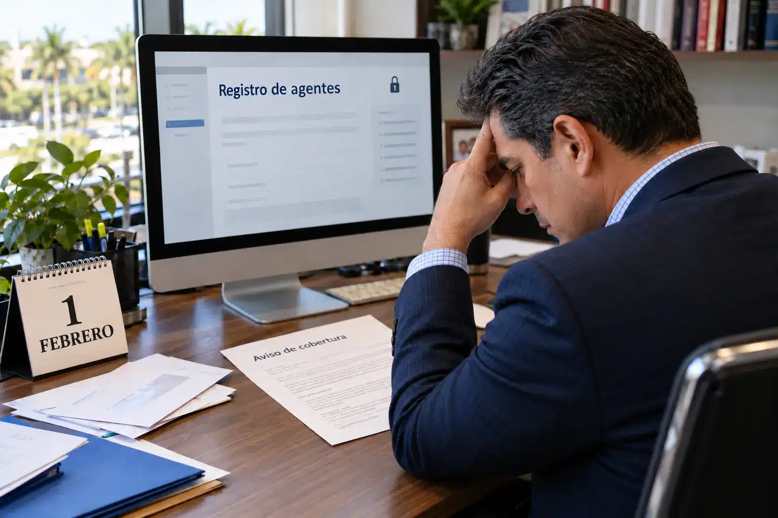 CMS Registro de Agentes 2027 | TuSeguroMédicocom Agente de seguros revisa un aviso de cobertura junto a un calendario del 1 de febrero