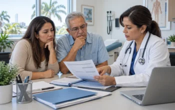 Padre e hija analizando una negación de cobertura de seguro medico