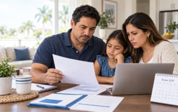 Familia inmigrante angustiada revisando los cambios al crédito fiscal del Marketplace para 2027