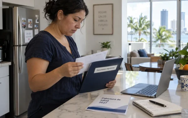 Mujer revisa documentos migratorios junto a un folleto de cobertura de salud para 2027, ilustrando la consulta sobre elegibilidad al subsidio de Obamacare.