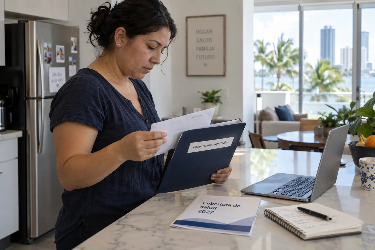 Obamacare 2027 inmigrantes subsidio | TuSeguroMédicocom Mujer revisa documentos migratorios junto a un folleto de cobertura de salud para 2027 ilustrando la consulta sobre elegibilidad al subsidio de Obamacare