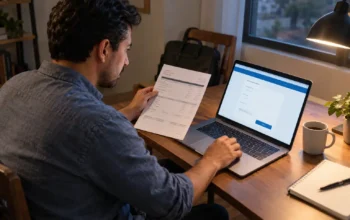 Hombre revisa un comprobante de pago mientras actualiza sus ingresos en un formulario en línea desde su computadora.