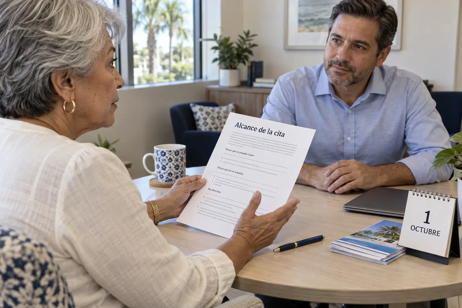 Reglas de venta Medicare de octubre | TuSeguroMédicocom Mujer mayor revisa el alcance de una cita con un agente de seguros junto a un calendario que marca el 1 de octubre