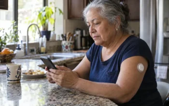 Mujer adulta mayor con un sensor de glucosa en el brazo consulta su teléfono mientras desayuna en casa.