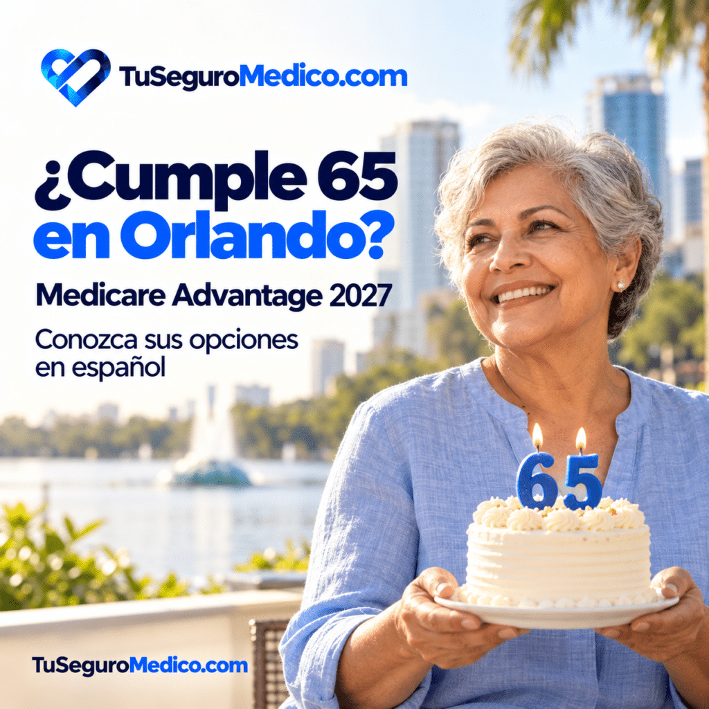Mujer sostiene un pastel con velas de 65 años frente al lago Eola en Orlando TuSeguroMedicocom invita a conocer las opciones de Medicare Advantage 2027 en español