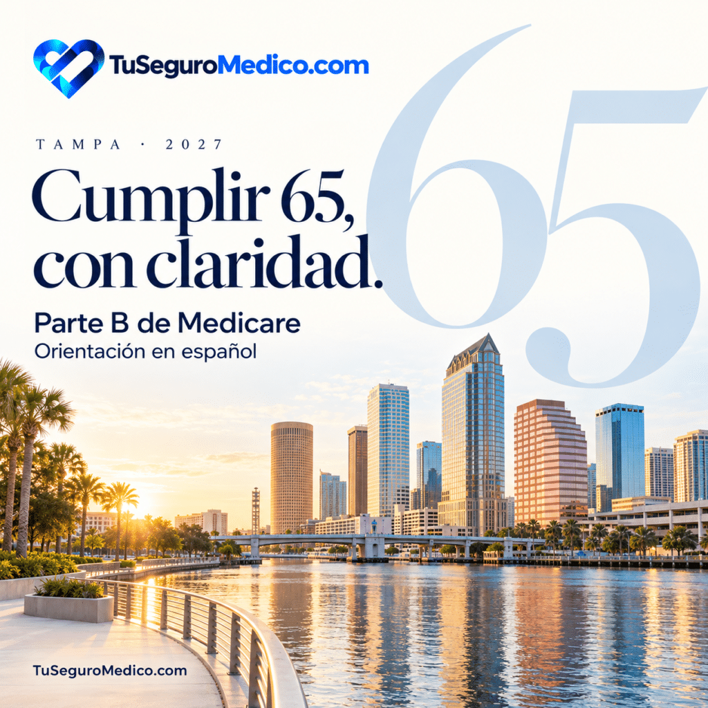Vista del paseo fluvial y los edificios de Tampa con el mensaje Cumplir 65 con claridad TuSeguroMedicocom ofrece orientación en español sobre la Parte B de Medicare para 2027