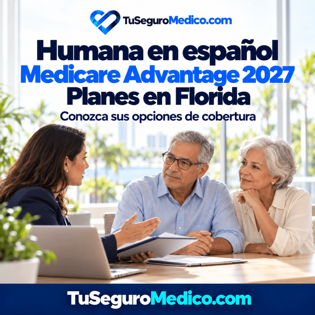 Humana Medicare Advantage 2027 | TuSeguroMédicocom Pareja de adultos mayores conversa con una asesora de TuSeguroMedicocom El post presenta Humana en español Medicare Advantage 2027 planes en Florida e invita a conocer sus opciones de cobertura