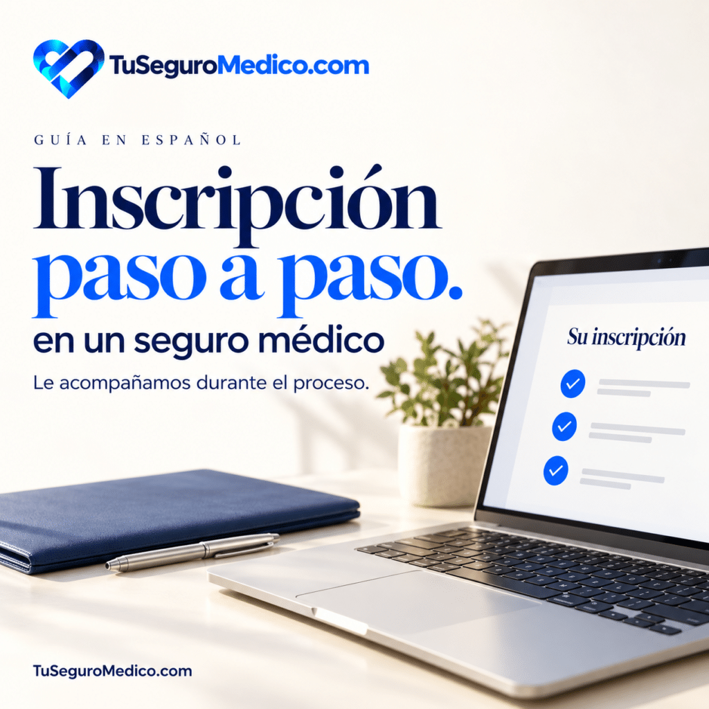 Inscripcion paso a paso | TuSeguroMédicocom Computadora portátil con una lista ilustrativa de inscripción junto a una carpeta azul y un bolígrafo TuSeguroMedicocom presenta su guía en español para inscribirse paso a paso en un seguro médico