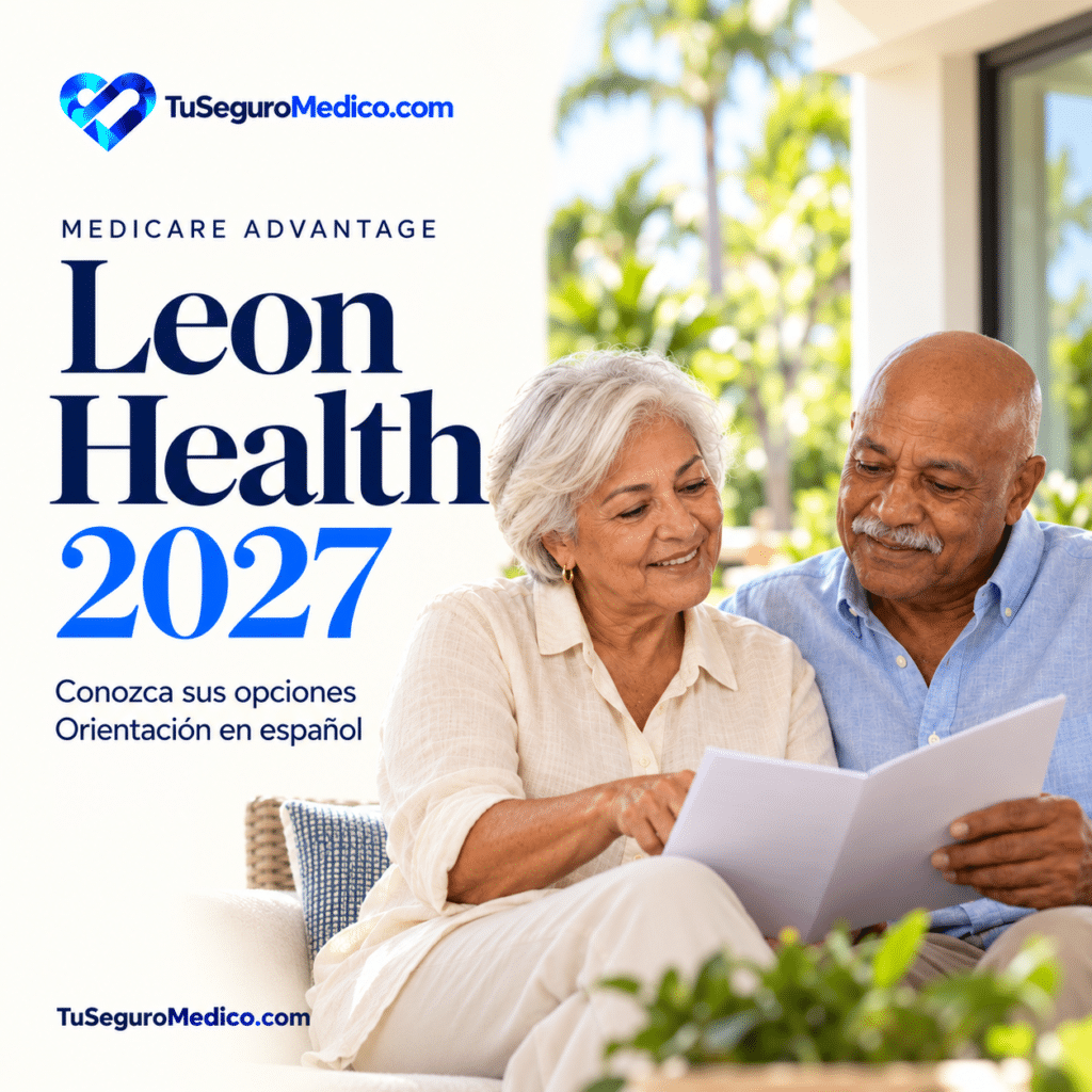 Leon Health 2027 v2 | TuSeguroMédicocom Nna pareja mayor revisando documentos en una terraza TuSeguroMedicocom presenta Leon Health Medicare Advantage 2027 y orientación en español