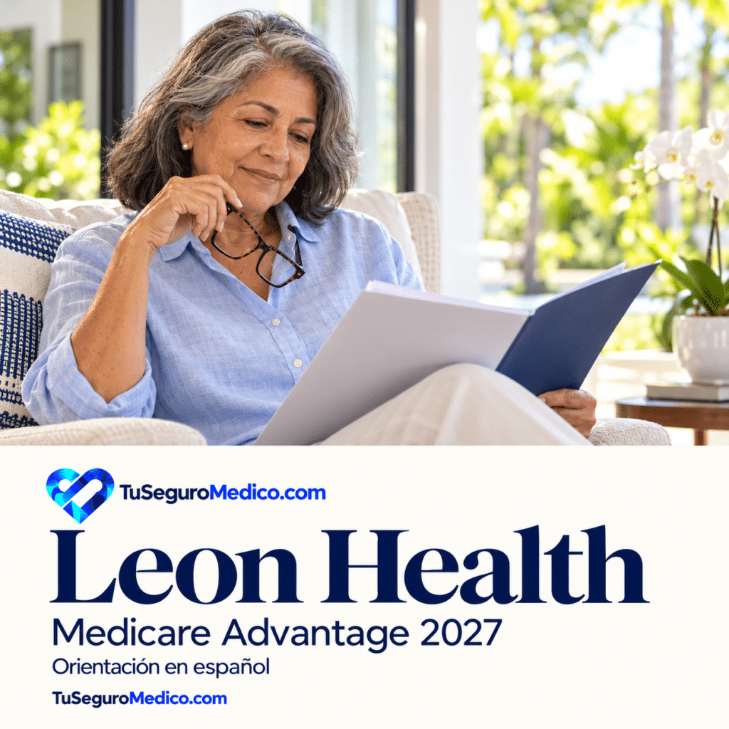 Leon Health 2027 v3 | TuSeguroMédicocom Mujer mayor revisa documentos junto a una ventana Diseño de TuSeguroMedicocom sobre Leon Health Medicare Advantage 2027 con orientación en español