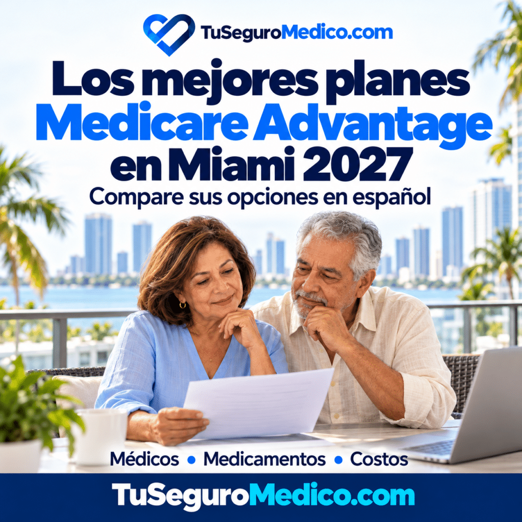 Pareja de adultos mayores revisa documentos frente a la bahía de Miami TuSeguroMedicocom invita a comparar médicos medicamentos y costos de planes Medicare Advantage para 2027