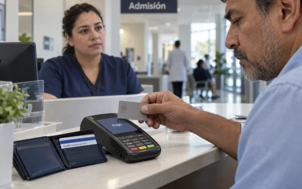 Hombre con gesto de preocupación realiza un pago en la recepción de un centro médico, con su tarjeta de seguro junto al terminal.