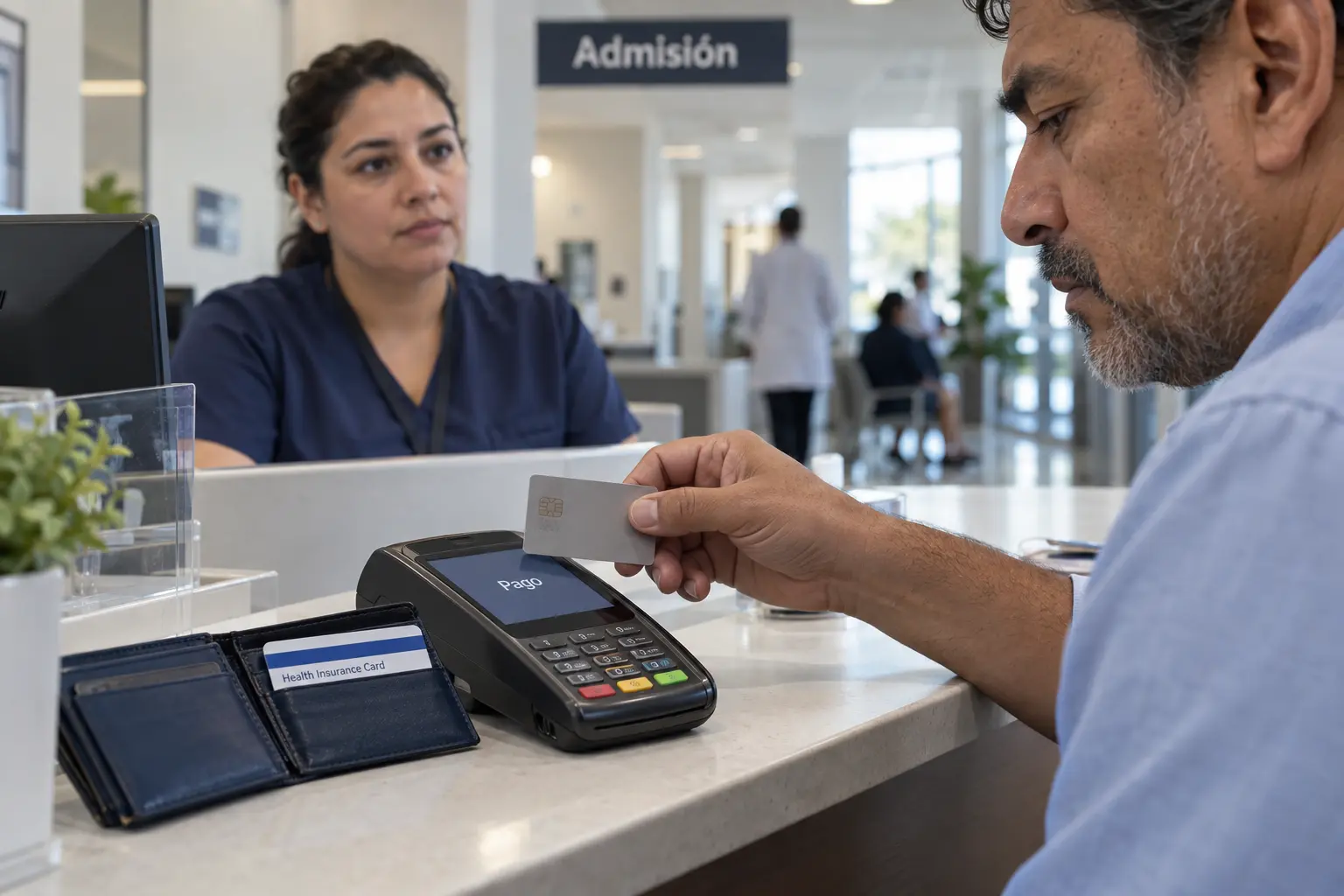 Maximo gasto de bolsillo sube a 000 | TuSeguroMédicocom Hombre con gesto de preocupación realiza un pago en la recepción de un centro médico con su tarjeta de seguro junto al terminal