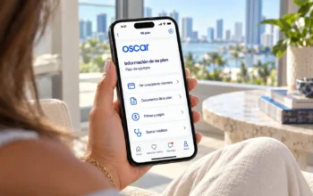 Mujer sostiene un teléfono con una vista ilustrativa de la aplicación de Oscar en español, junto a una ventana con vistas a Miami.