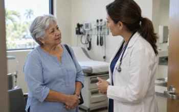 Mujer adulta mayor conversa con su médica al finalizar una consulta en un centro de atención primaria.