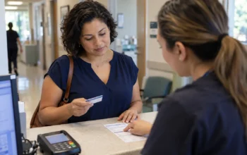 Paciente con su tarjeta de seguro médico revisa el recibo de una consulta con la recepcionista de una clínica.