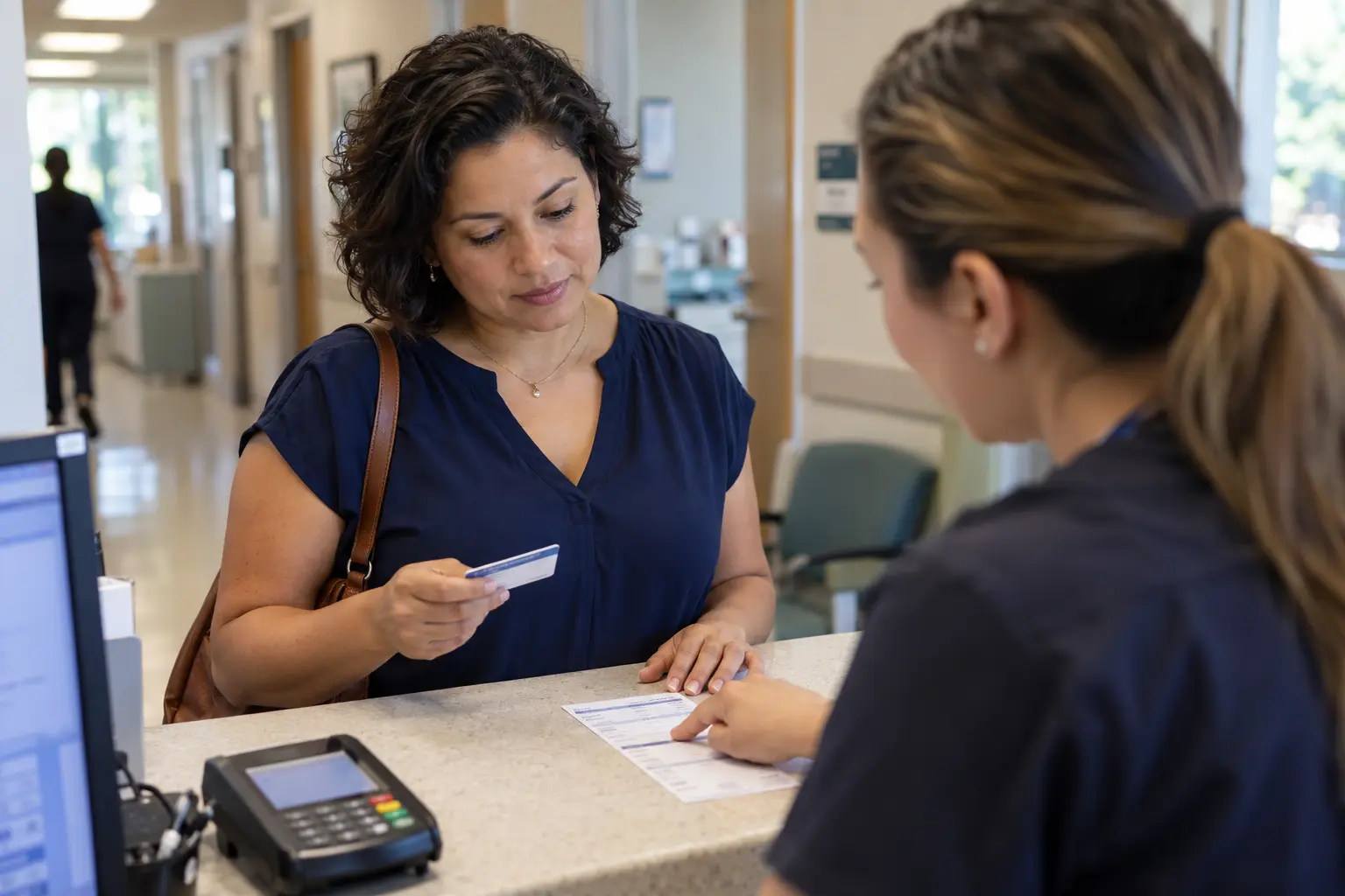 Qué significa el CSR y como le beneficia en su póliza | TuSeguroMédicocom Paciente con su tarjeta de seguro médico revisa el recibo de una consulta con la recepcionista de una clínica